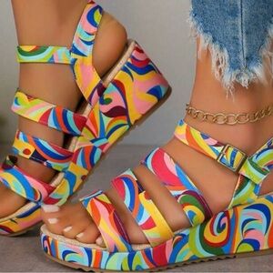 Shein rainbow comfort colorful printed wedge sandals 8.5/9